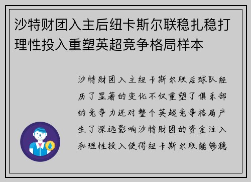 沙特财团入主后纽卡斯尔联稳扎稳打理性投入重塑英超竞争格局样本 沙特财团入主后纽卡斯尔联稳扎稳打理性投入重塑英超竞争格局样本
